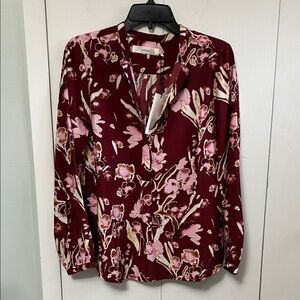 Women's Floral Split-Neck Blouse in Burgundy and Pink